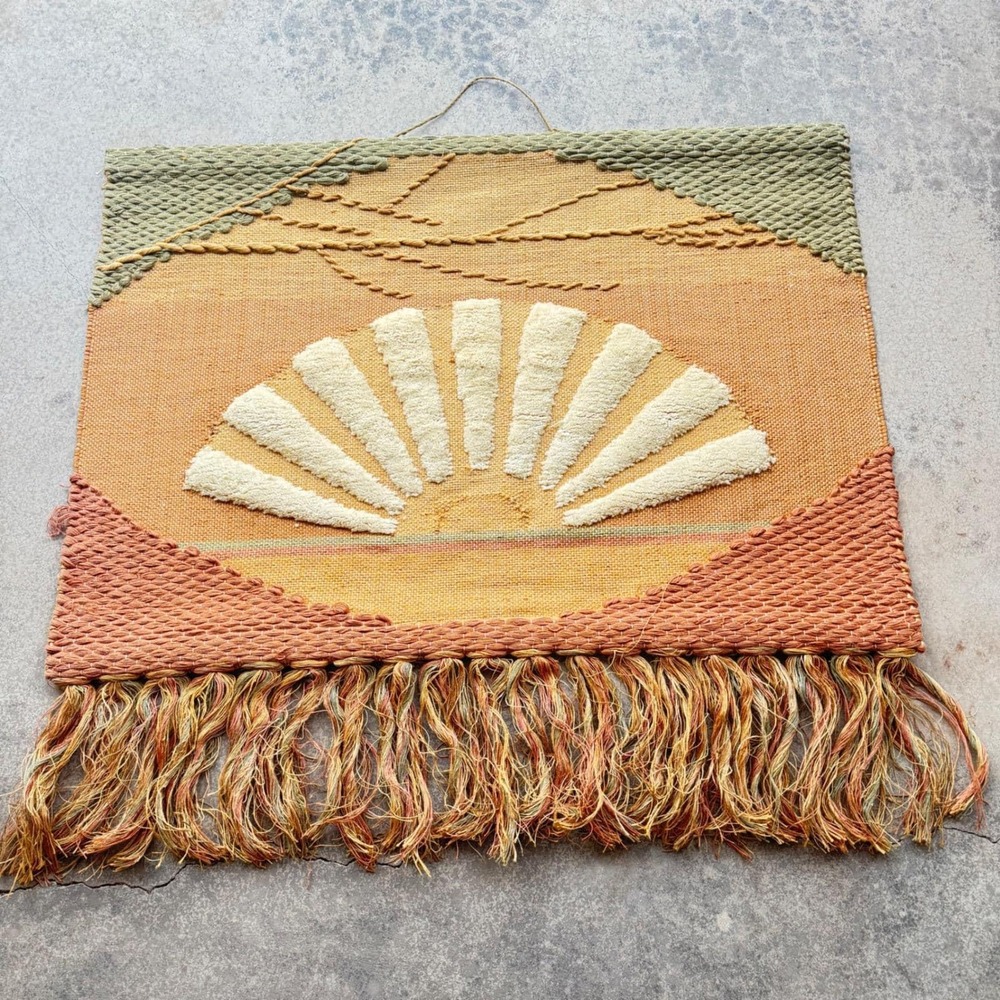 Vintage 1986 ICA Woven Wall‎ Hanging Sunset Sunrise Fiber Art Boho Large 41x35